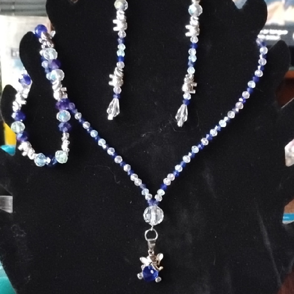 Hand Crafted Blue and Silver Necklace Set Australian Crystal